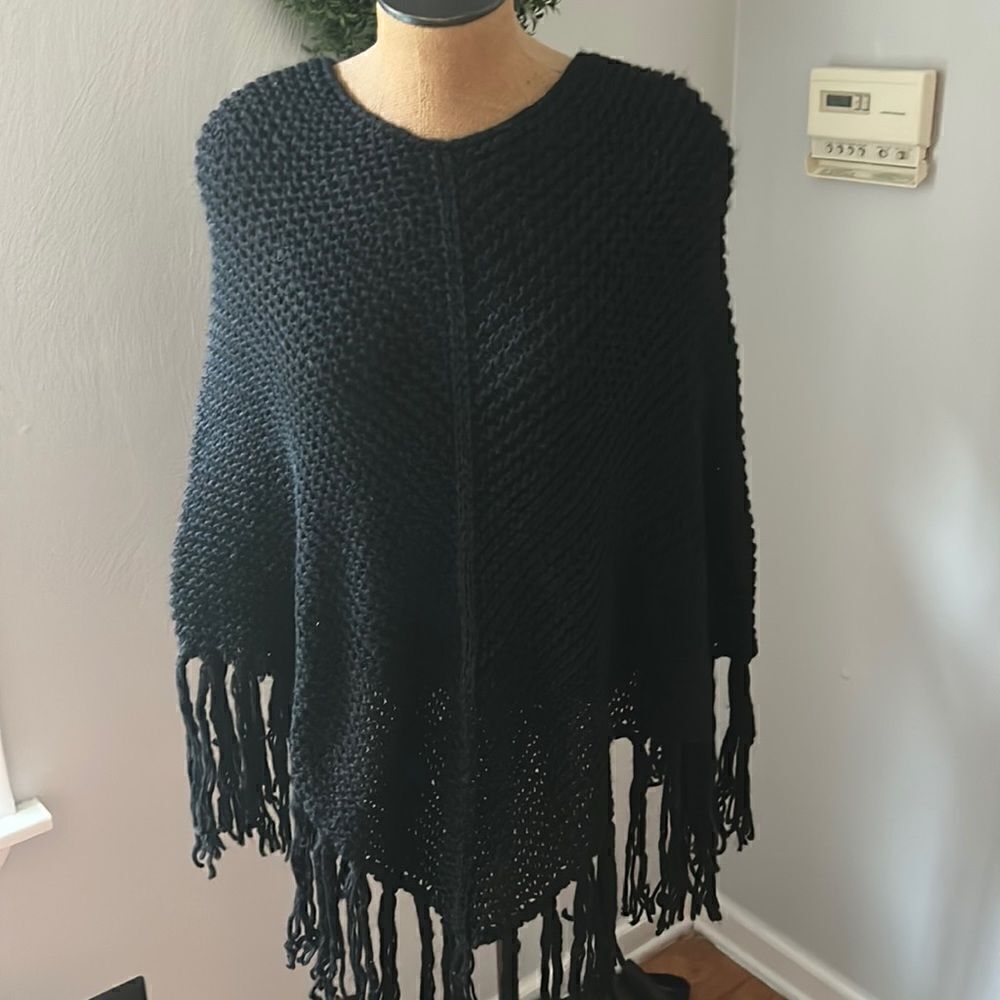 Fratelli Talli‎ black fringe poncho cape One size fits most Made in Italy